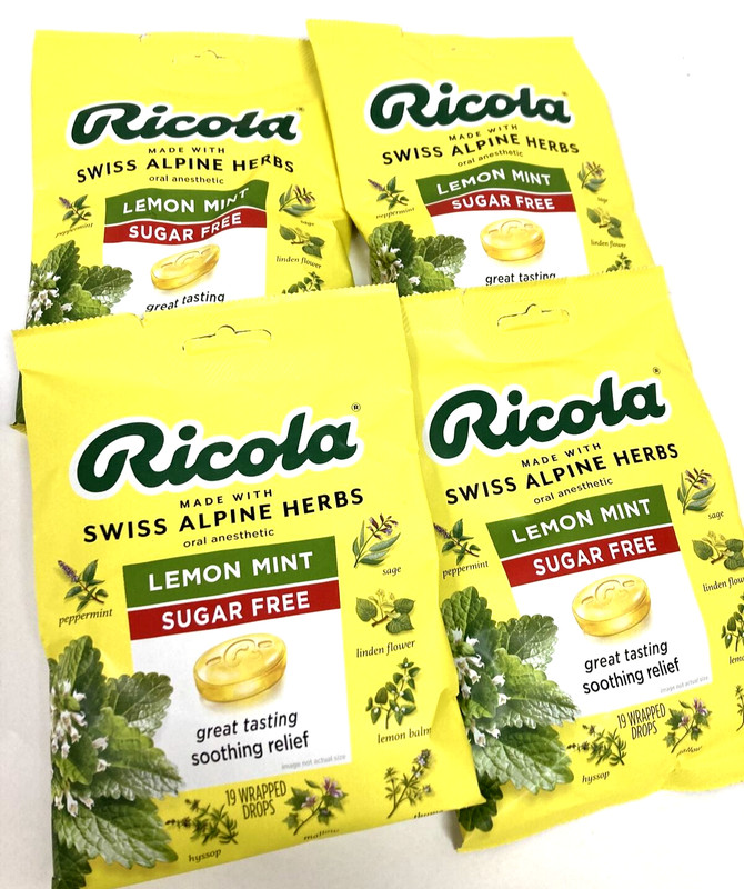 4 Bags (19 Drops Each) Ricola SUGAR FREE Lemon Mint Herb Cough Throat EXP 11/25