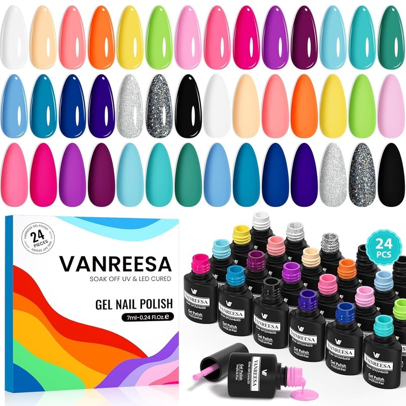 24 Pcs Gel Nail Polish Set 21 Popular Colors Gel Nail Polish Base Coat Glossy &