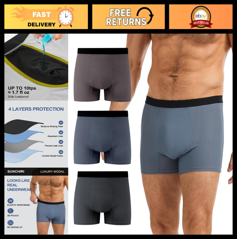 Men’s Incontinence Underwear – Washable Modal Boxer Briefs, Light Absorbency, 3