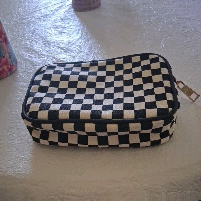 Black & White Checkered Makeup Bag Zipper Closure Pouch Case Organizer