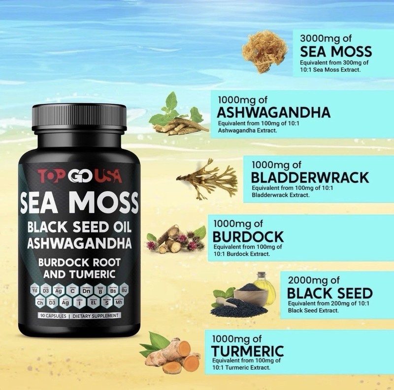 Sea Moss Black Seed Oil Ashwagandha Burdock Root Turmeric 90 Capsules New Sealed