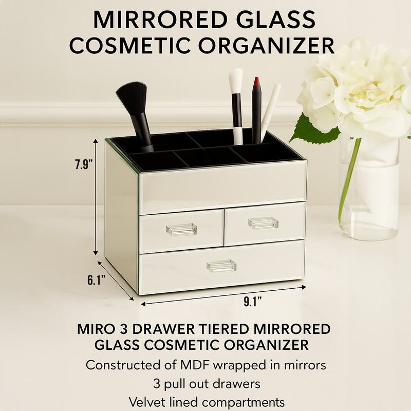 Mirrored Glass Cosmetic Organizer with 3 Drawers and Velvet Lined Compartments gallery
