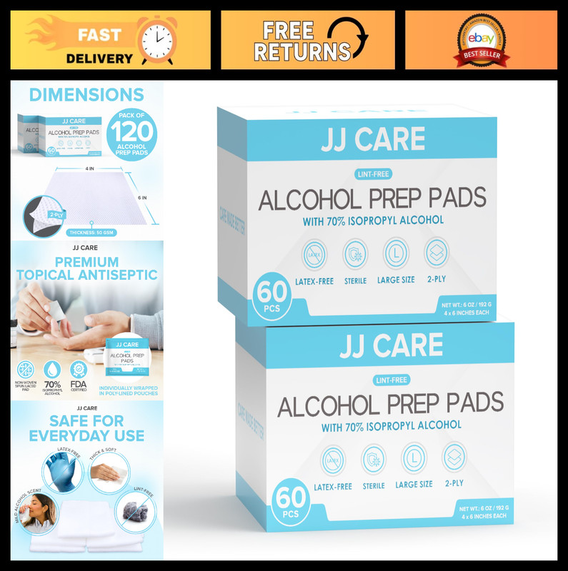 Large Alcohol Prep Pads 4×6″ – 120 Sterile Wipes, 70% Isopropyl Alcohol, First A