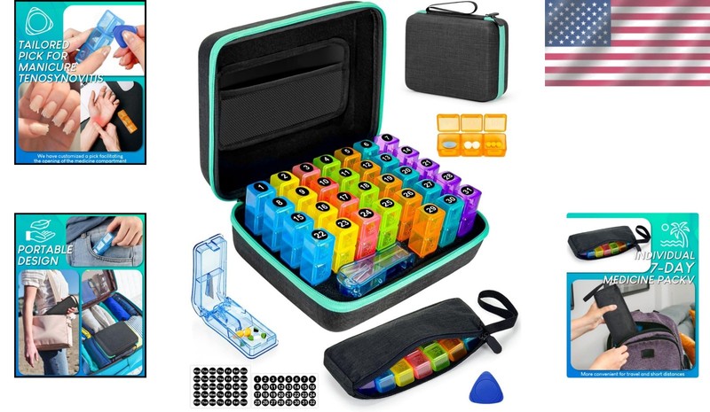 Compact Monthly Pill Organizer 3 Times a Day with V-Shaped Cutter & Stickers gallery