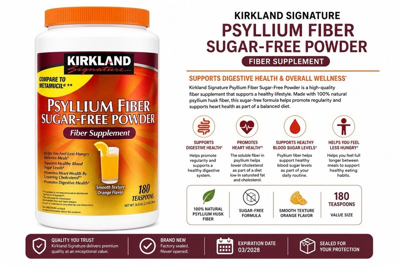 Kirkland Signature Psyllium Husk Fiber Powder Sugar-Free Orange 36.8 oz