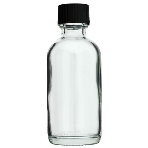 CLEAR GLASS Bottles 2 oz (60 ml) with Black Cone-Lined Caps (6-12-24-48 count)