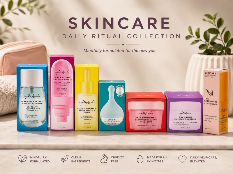 spAsh Skincare Daily Ritual 7pc Set Cleanser Serum Toner Scrub HA Vit C F/F gallery
