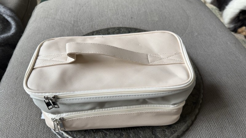 Beige & White Double Zipper Makeup Bag with Handle and Pockets gallery