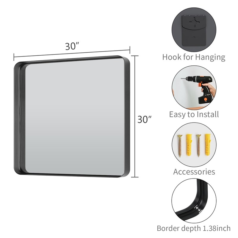 Koonmi Black Wall Mirror for Bathroom, 30x30 Inch Matte Deep Framed Rounded R... gallery