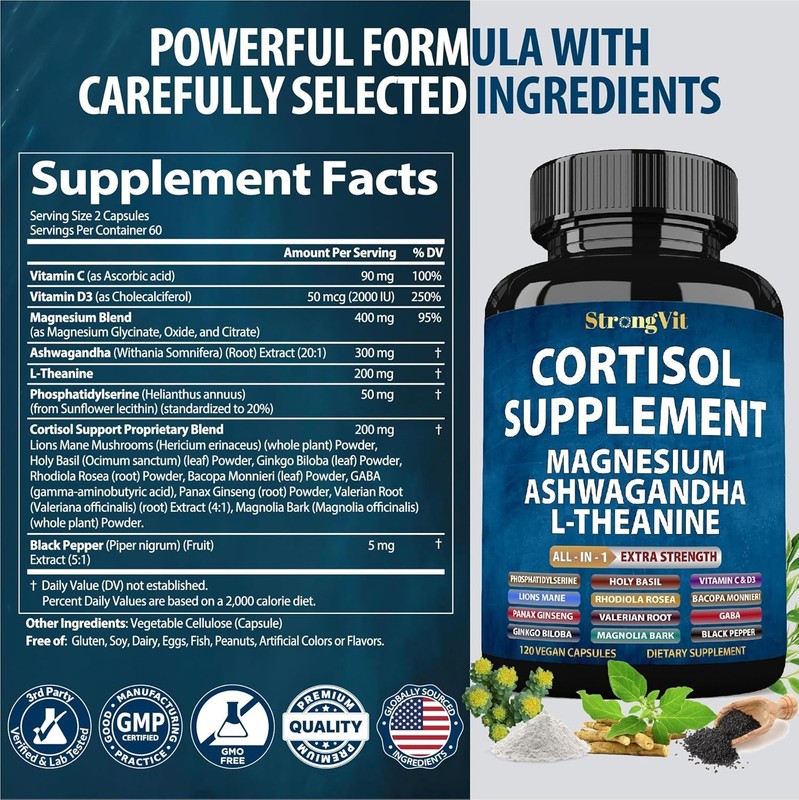 Extra Strength Cortisol Supplements with L-Theanine & Adaptogens - 120 Count gallery
