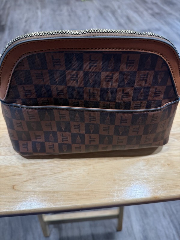 London Fog Brown Faux Leather Makeup Bag with Zipper and Inner Pockets gallery