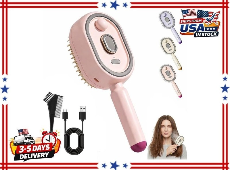Electric Steam Hair Straightener Brush Rechargeable Anti Frizz Detangling Pink