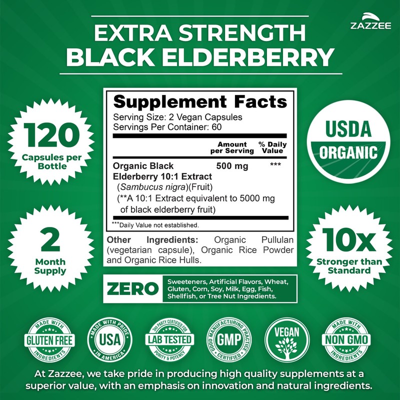 USDA Organic Black Elderberry 10:1 Extract, 5000 mg Strength, 120 Vegan Capsules gallery