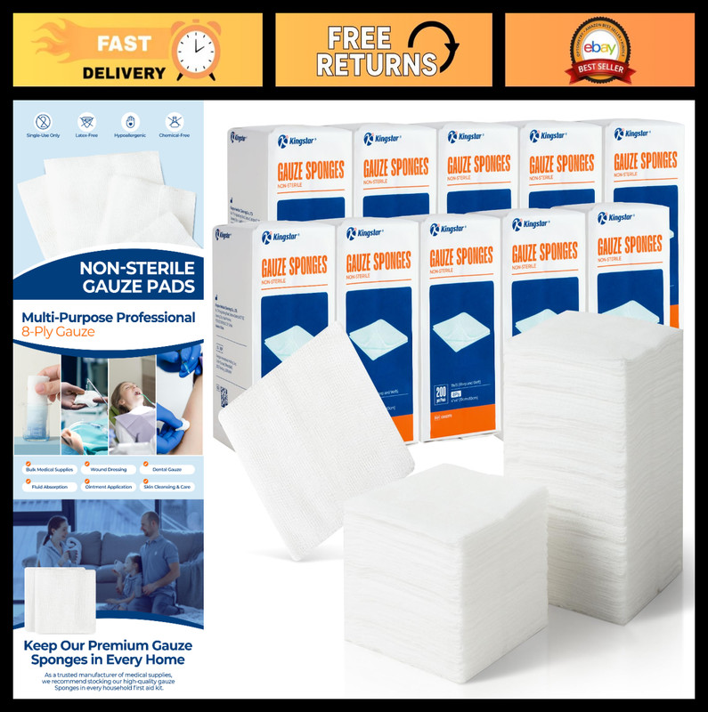 2000 Pack 4×4 Inch 8-Ply Cotton Gauze Sponges – Absorbent Wound Care Pads