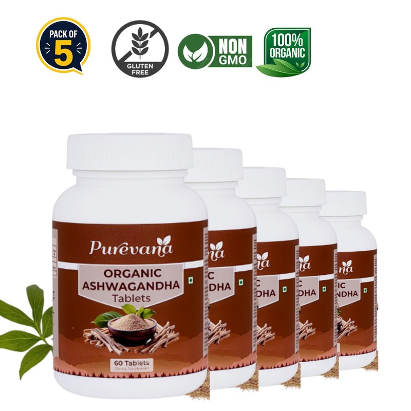 PU.REVANA Organic Ashwagandha 600mg 60 Tablets Pack of 5