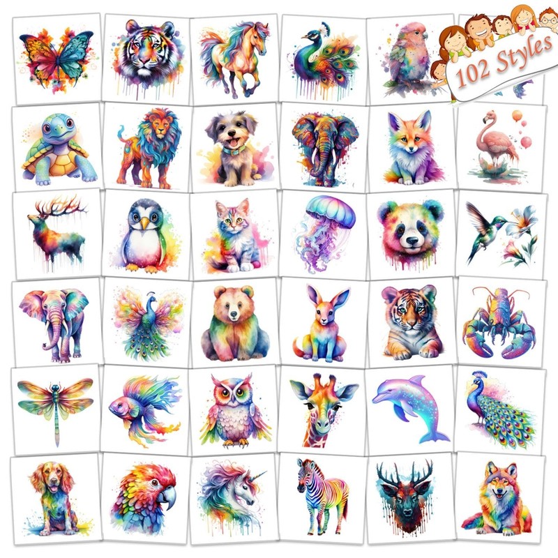 102 PCS Watercolor Animals Temporary Tattoos for Kids – Cute Body Stickers