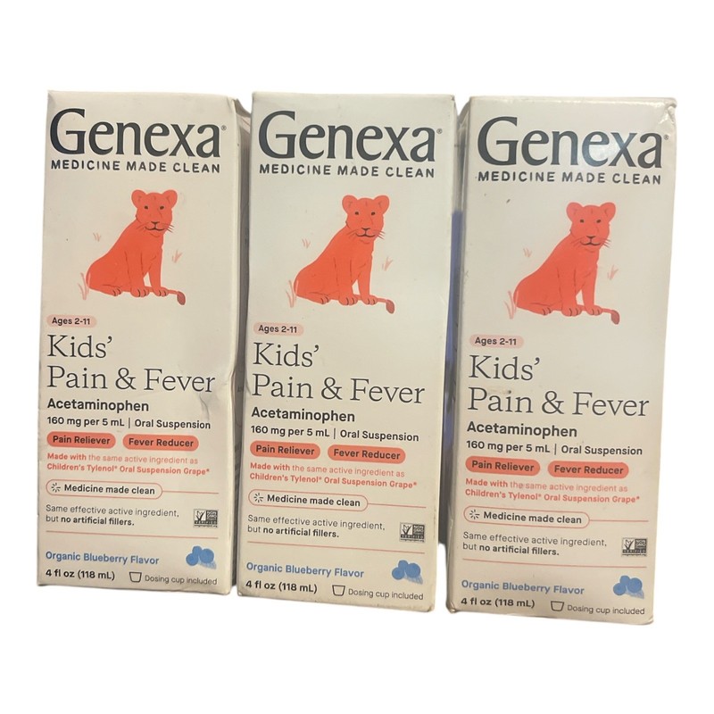 Genexa Kids Pain & Fever Acetaminophen Organic Blueberry 4oz 3 Pack EXP 03/2027