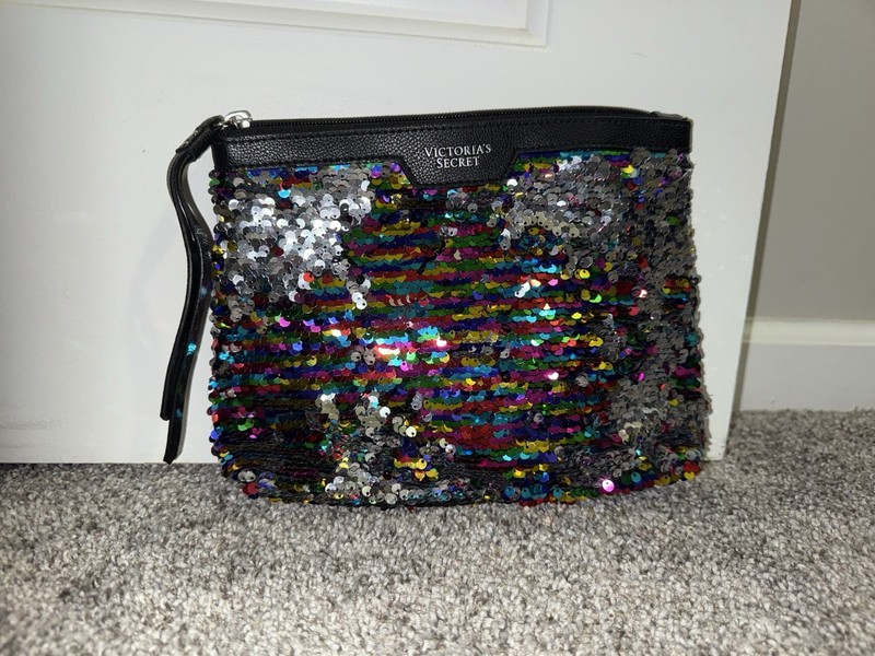 Victorias Secret Travel Pouch Cosmetic Bag Faux Leather Multicolor Sequins 9 x 7