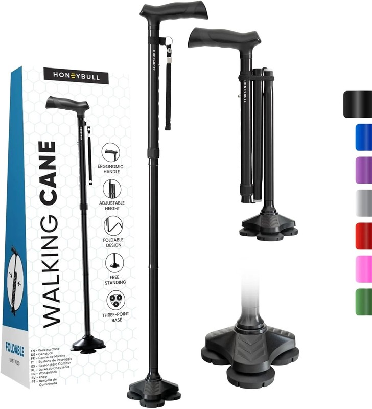 HONEYBULL Walking Cane for Men & Women Foldable, Adjustable, Heavy Duty, Free St