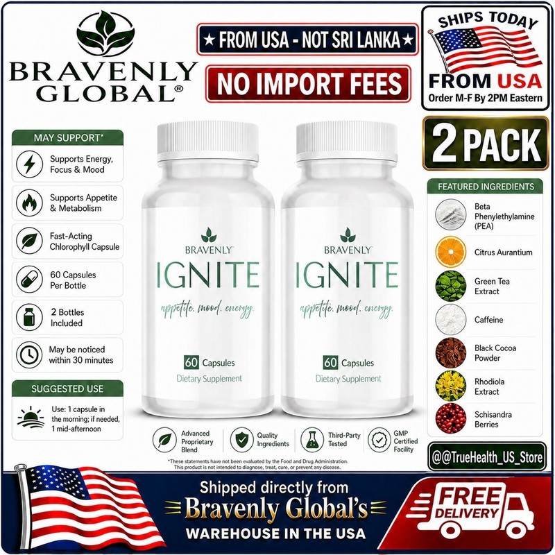 2x Bravenly Ignite Energy Focus Metabolism Support 60 Capsules Each🚚From USA🚚