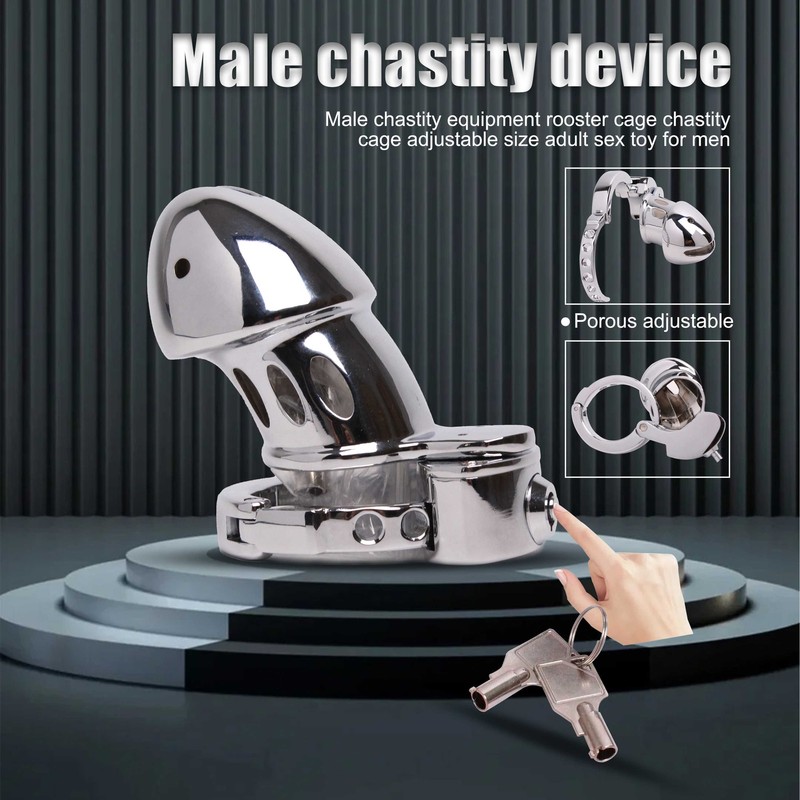 New Metal Chastity Cage Lockable Device Press Lock Penis Cage for Male Restraint gallery