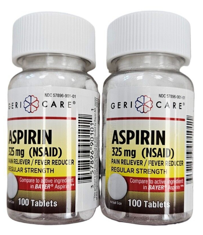 Gericare Aspirin 325mg UNCOATED Tablets 100ct ( 2 pack ) NEW LOOK! ^
