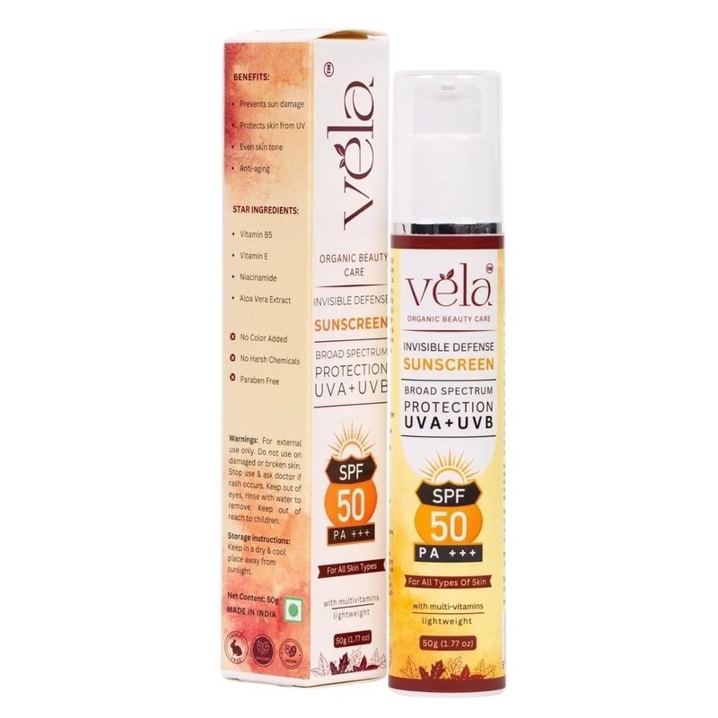 Vela’s Invisible Defence Sunscreen Spf 50 For All Skin Types 50gm