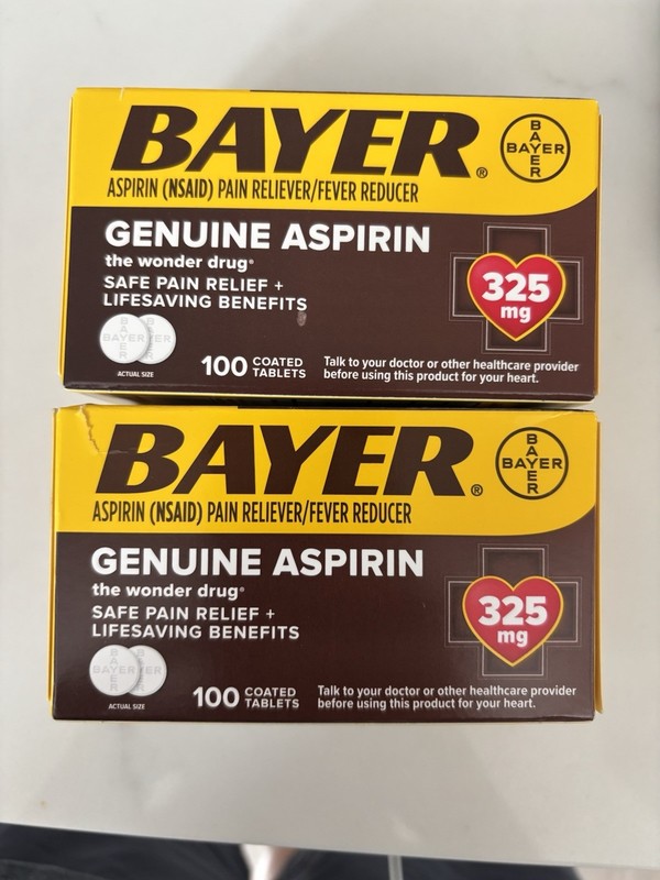 2x New Bayer Genuine Aspirin 325mg – 100 Coated Tablets Each Box
