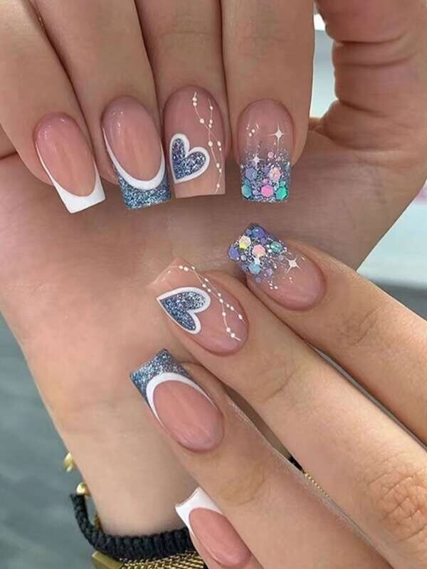 48 Pcs short Press on Blue Nail set  (2 Packs) Shimmer, Sparkle  *NEW* gallery