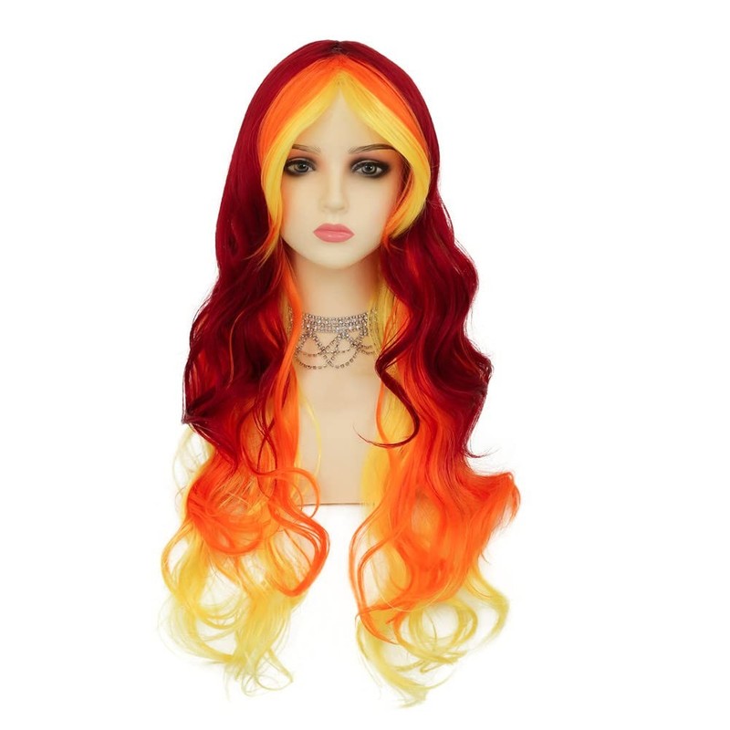Orange Yellow and Red Wigs Colorful Long Curly Wavy Women Cosplay Costume Wig…