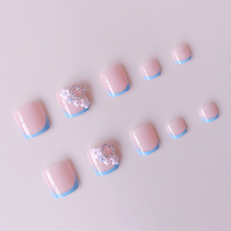48Pcs-Light Blue French 3D Flower Diamond Cute Square Summer Toe Press on Nails gallery