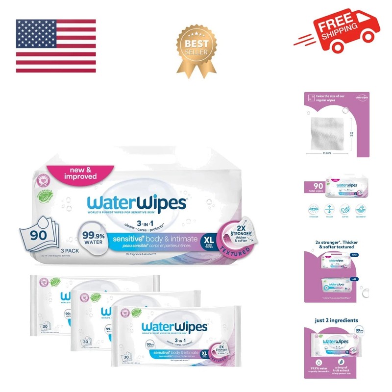 WaterWipes Sensitive Whole Body Cleansing Wipes, 99.9% Purified Water, XL Textur