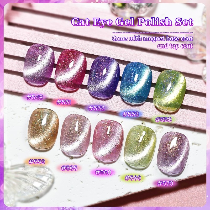 Cat Eye Gel Nail Polish Set 10 Colors Glitter Pink Purple Blue Green with Base C gallery