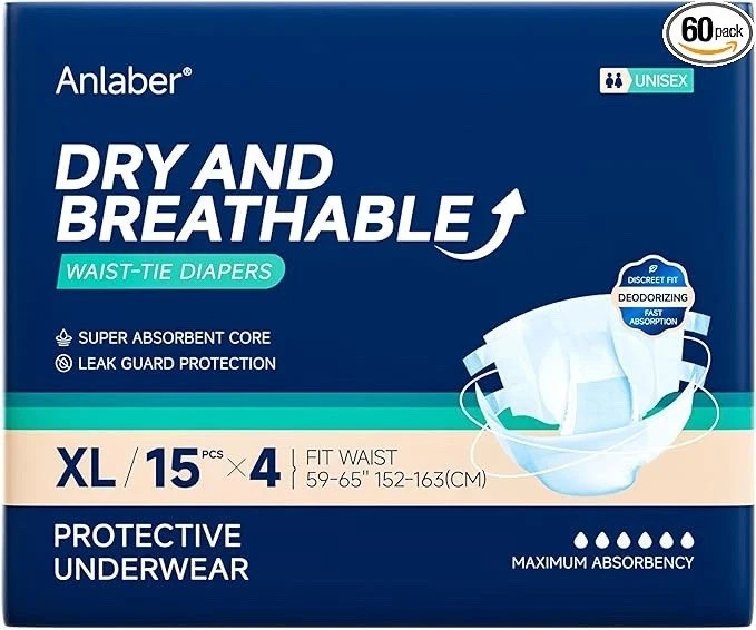 ANLABER Incontinence Briefs Diapers Anti Odor Prevail XL 59″-65″ 60 count