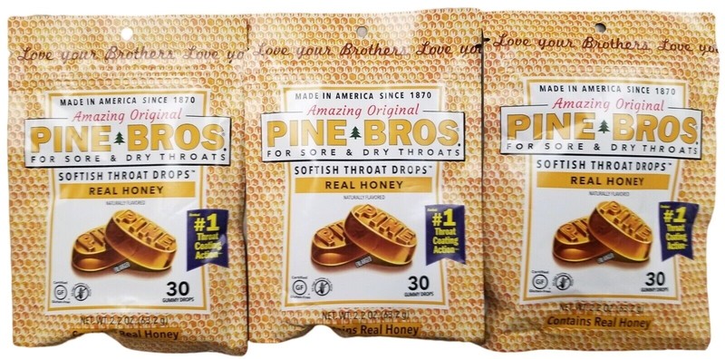 PINE BROS Throat Drops REAL HONEY 30 Gummy Drops ( 3 pack ) ^