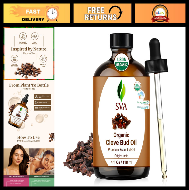 Organic Clove Essential Oil 4 Fl Oz – 100% Natural Aromatherapy, Skin & Hair Car