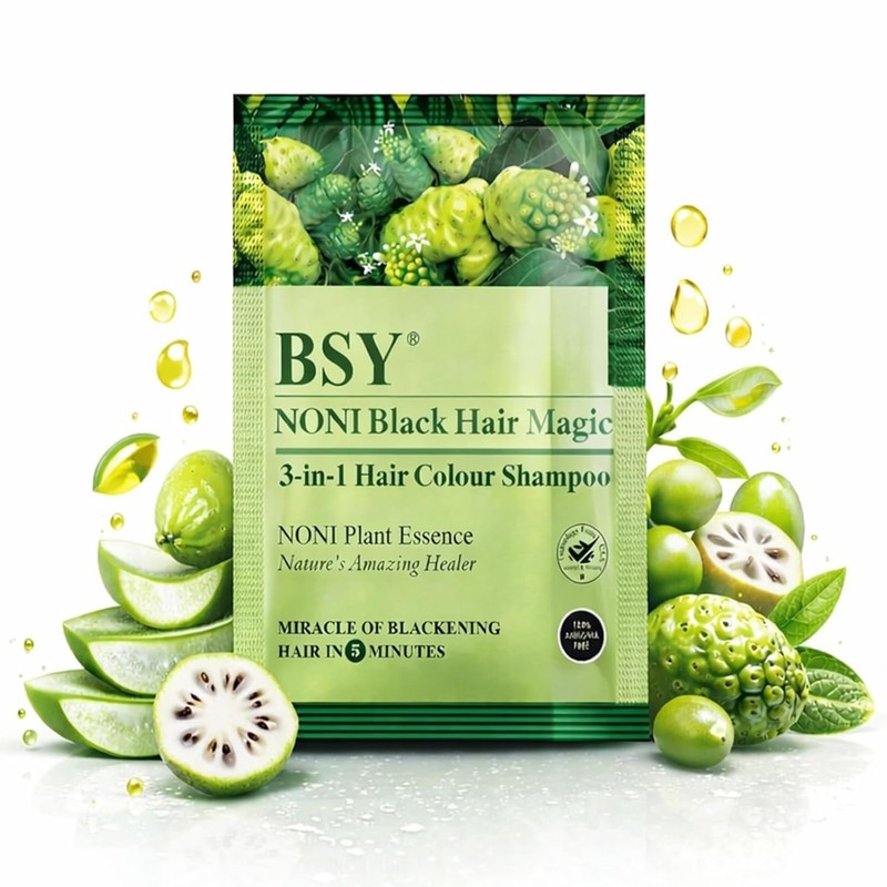 6 BSY Noni Black Hair Magic 3 IN 1 Natural 5-Min Hair Colour Shampoo Black