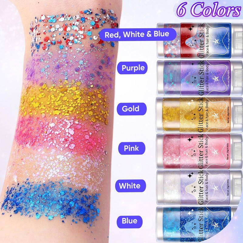 Body Glitter Stick 6 Pack Red White and Blue Face & Hair Glitter with Chunky... gallery