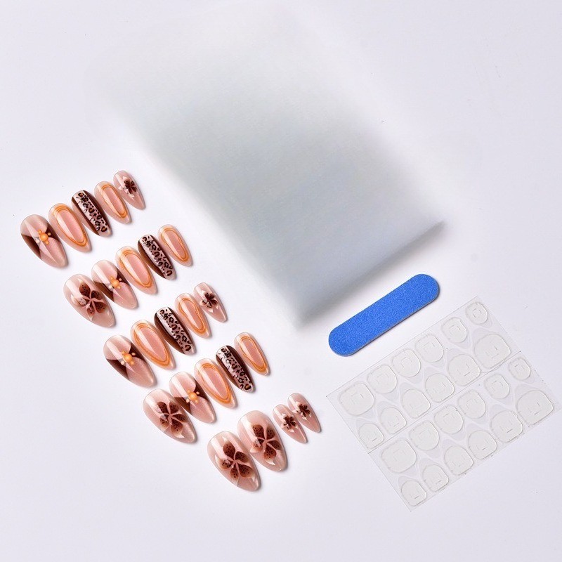 48Pcs-Leopard Print Brown Flower Almond Press on Nails Pearl Retro Autumn Nails gallery