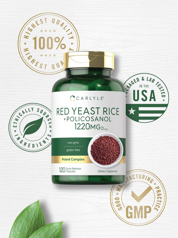 Red Yeast Rice with Policosanol | 1220mg | 120 Capsules | Non-GMO | by Carlyle gallery