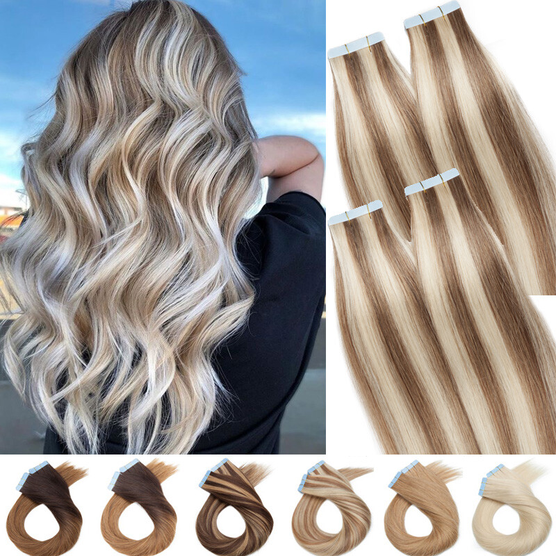 Super Blue Tape Hair 100% Tape In Human Hair Extensions Full Head Skin Weft 150g