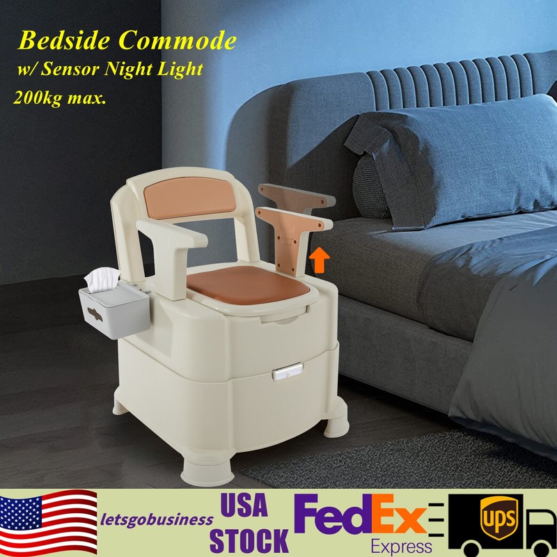 Portable Toilet Bedside Commode Floor Standing with Sensor Night Light Brown USA