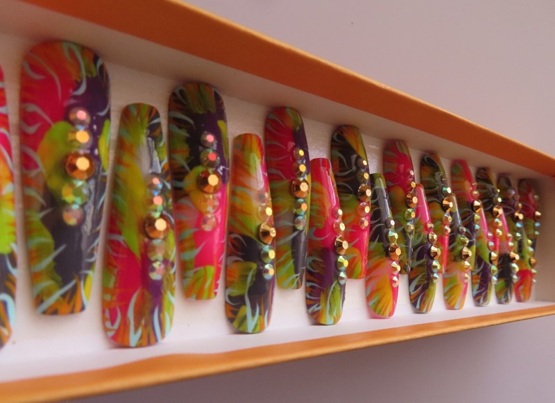 XL Pink Purple Blue Orange Yellow Rhinestone Abstract Coffin Press On Nails (20) gallery