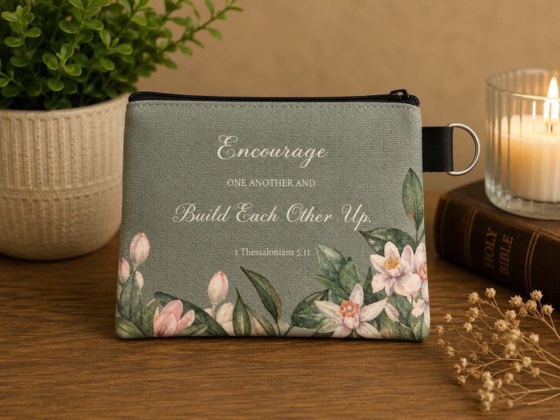 Green, Pink & White Floral Zipper Makeup Bag Cosmetic Pouch “Encourage” Quote