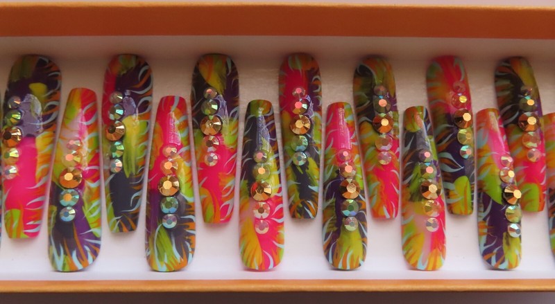 XL Pink Purple Blue Orange Yellow Rhinestone Abstract Coffin Press On Nails (20)