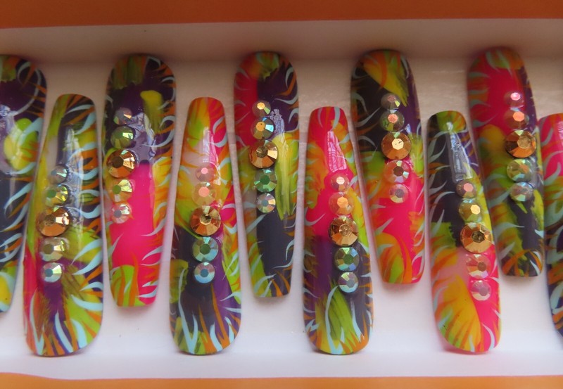 XL Pink Purple Blue Orange Yellow Rhinestone Abstract Coffin Press On Nails (20) gallery