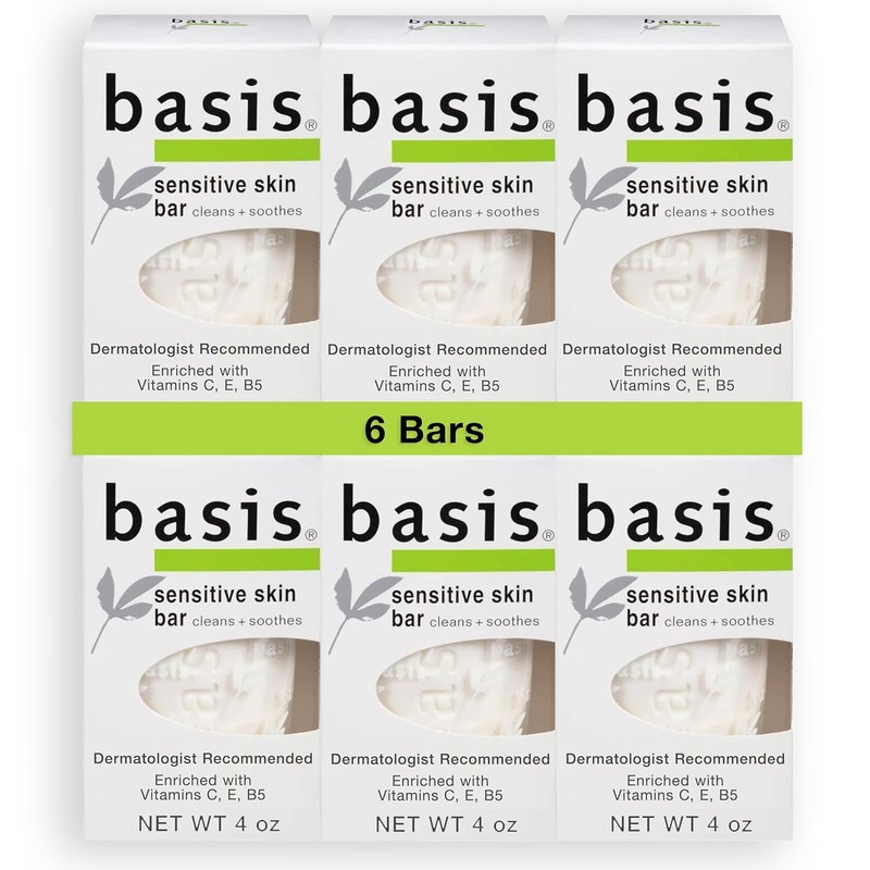Basis Sensitive Skin Bar Soap for Body, Hands and Face, 4 Ounce (Pack of 6)