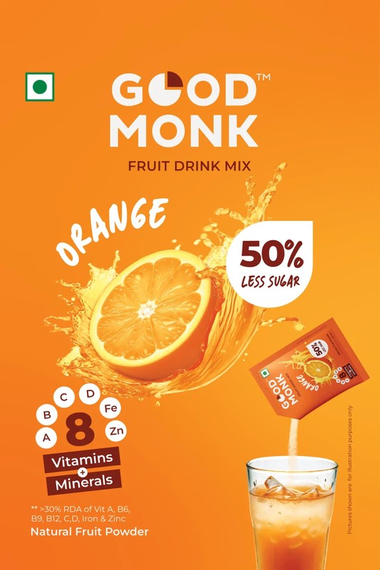 Good Monk Instant Fruit Drink Mix – Natural Orange Powder | 50% Less Sugar | Wit