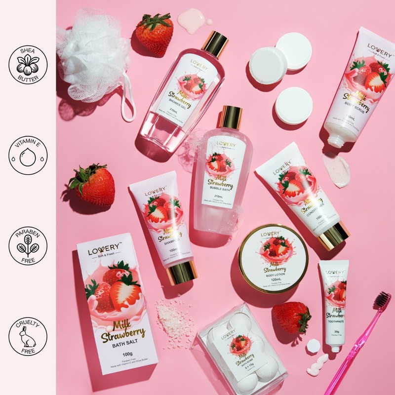 Home Spa Kit Gift Set – Strawberry Milk Scented Luxury Bath Set - 25 pcs gallery