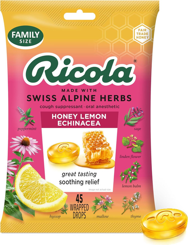 Ricola Honey Lemon with Echinacea Cough Drops, 45 Count, Delicious Throat Relief